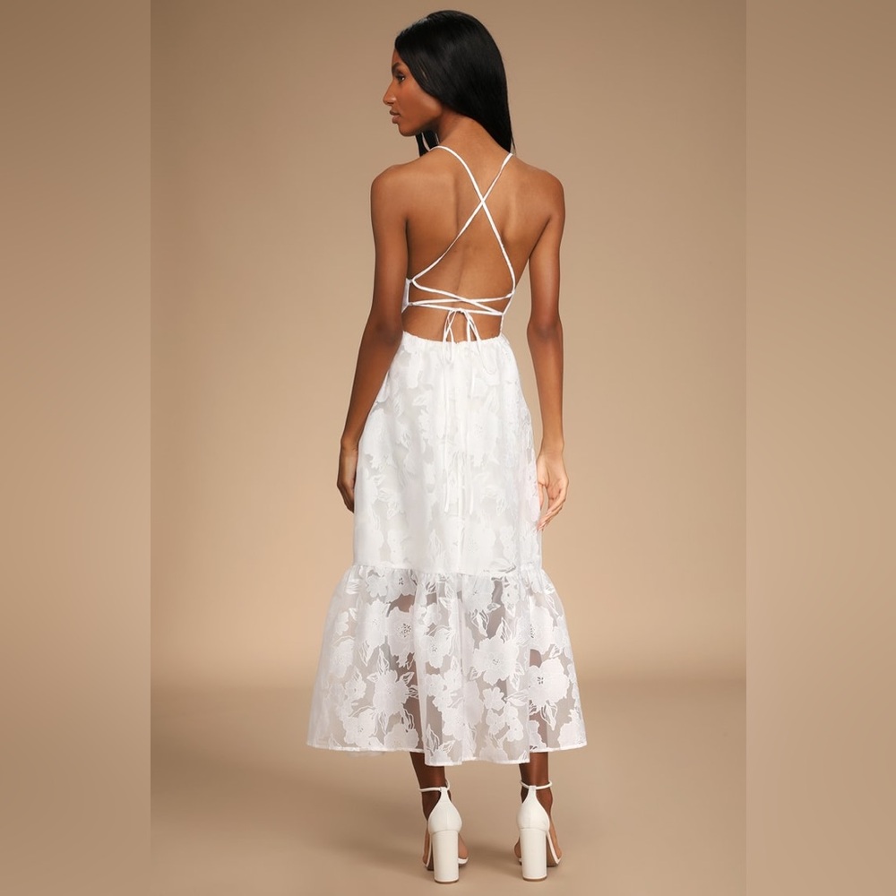 Lulu’s Feeling Like Forever White Jacquard Organza Floral Lace-Up Midi Dress - Picture 2 of 8